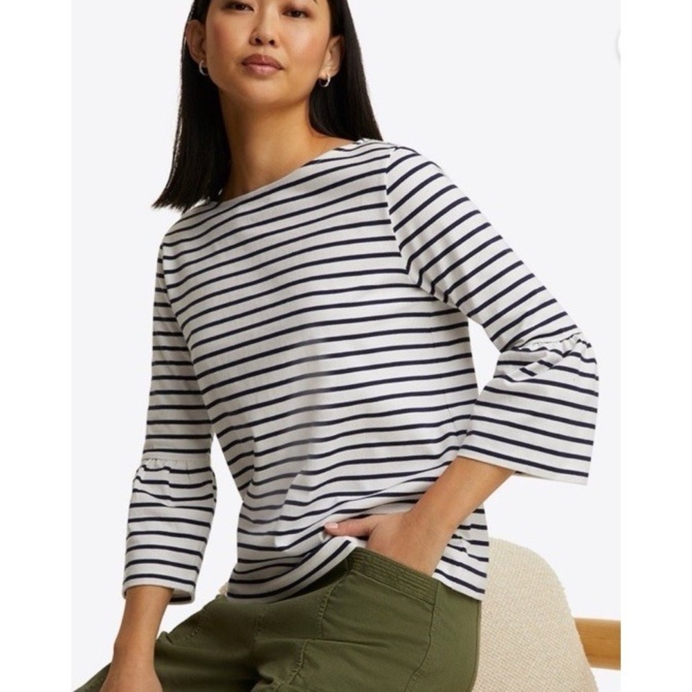 Draper James Corey Bell Sleeve Top M Blue White Navy Mariner Stripes 100% Cotton